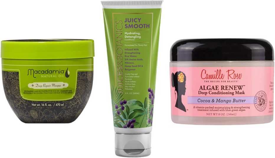 Macadamia Natural Oil Deep Repair Masque; Juices & Botanics Juicy Smooth Hydrating Detangling Conditioner; Camille Rose Algae Renew Deep Conditioning Mask Macadamia Natural Oil Deep Repair Masque; Juices & Botanics Juicy Smooth Hydrating Detangling Conditioner; Camille Rose Algae Renew Deep Conditioning Mask