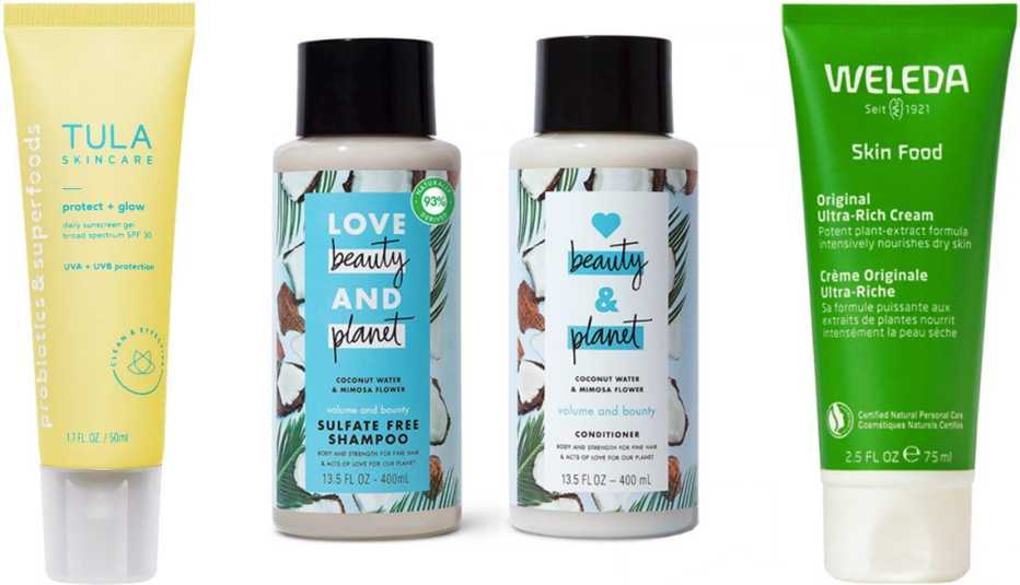 Tula Protect + Glow Daily Sunscreen Gel Broad Spectrum SPF 30; Love Beauty and Planet Coconut Water Shampoo and Conditioner; Weleda Skin Food Original Ultra-Rich Cream