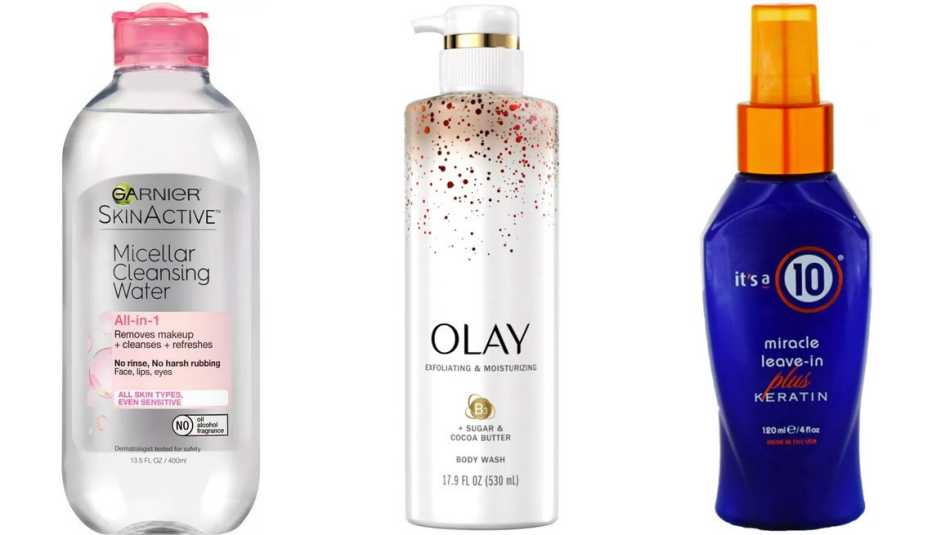 Garnier Skin Active Micellar Cleansing Water all-in-1 Makeup Remover & Cleaner; Olay Exfoliating & Moisturizing Body Wash with Sugar, Cocoa Butter and Vitamin B3; It’s a 10 Miracle plus Keratin Leave In Conditioner