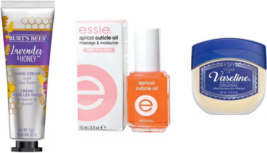 Burt’s Bees Lavender & Honey Hand Cream; Essie Apricot Cuticle Oil; Vaseline Original Petroleum Jelly