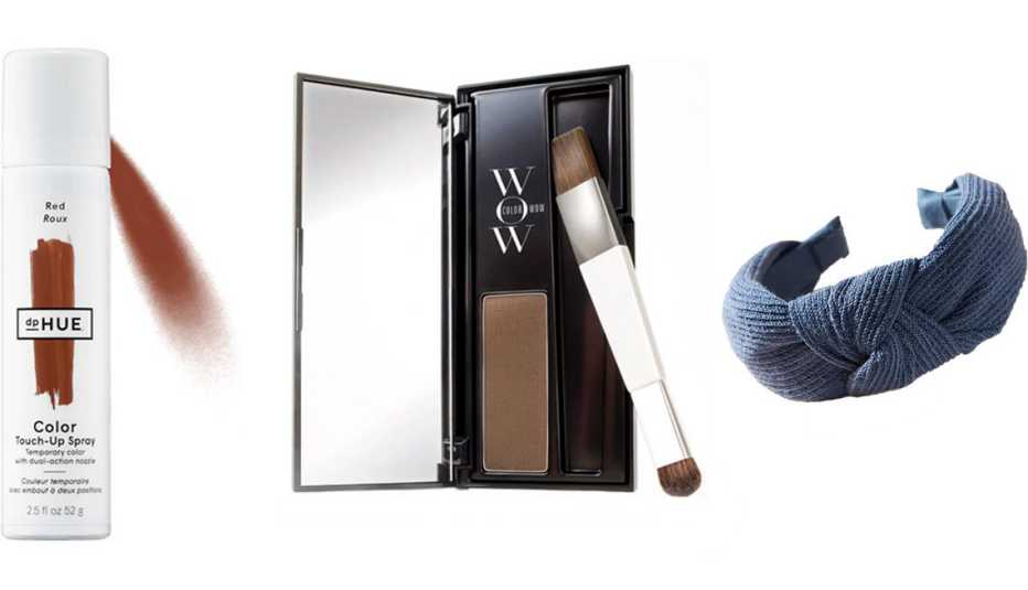 dpHue Color Touch-Up Spray; Color Wow Root Cover Up; Anthropologie Amber Knotted Hairband in sapphire
