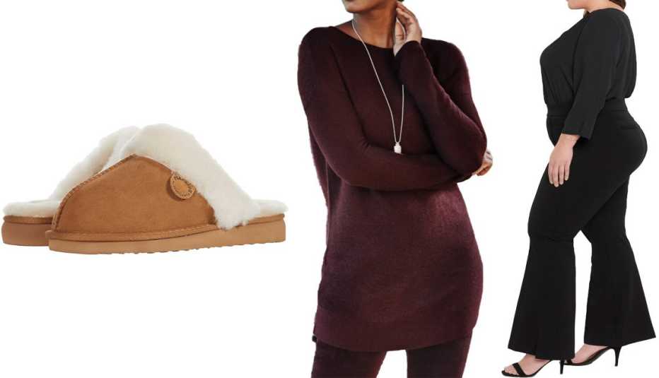 Fireside by Dearfoams Sydney Genuine Shearling Scuff in Chestnut; J.Jill Lakewood Merino Sweater Tunic in Spiced Wine; NYDJ Plus Size Sculpt-Her Pull-On Ponte Flare Leg Pant in Black
