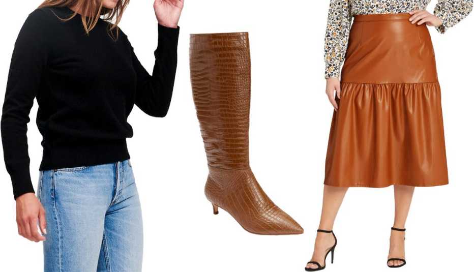 Naadam The Essential $75 Cashmere Sweater Women’s in Black; Comfortview Poloma Wide Calf Boot in Mocha; Who What Wear Faux Leather Skirt in Brown