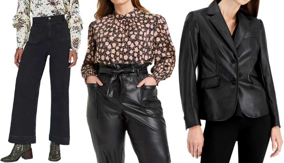 Pilcro The Skipper Wide-Leg Jeans in Plus Size Black; Who What Wear Women’s Plus Long Sleeve Top in Jet Black Floral; Anne Klein Faux Leather Blazer in Anne Black