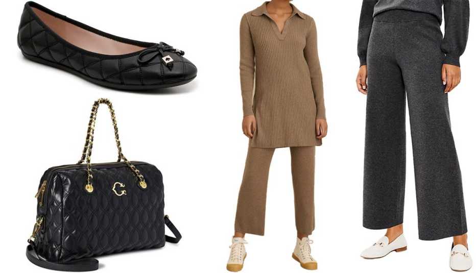 Kate Spade Paris Ballet Flat; C. Wonder Luna Quilted Satchel in Black; Alex Mill Ribbed Sweater Tunic in Heather Latte; Loft Pull On Wide Leg Pants in Birdseye Knit in Charcoal
