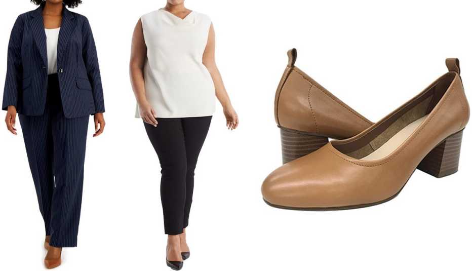 Le Suit Plus Size Pinstriped Pantsuit in Indigo/Ivory; M.M. LaFleur The Rowling Top-Soft Wave in Alabaster; Faryl by Farylrobin Solara in Cognac