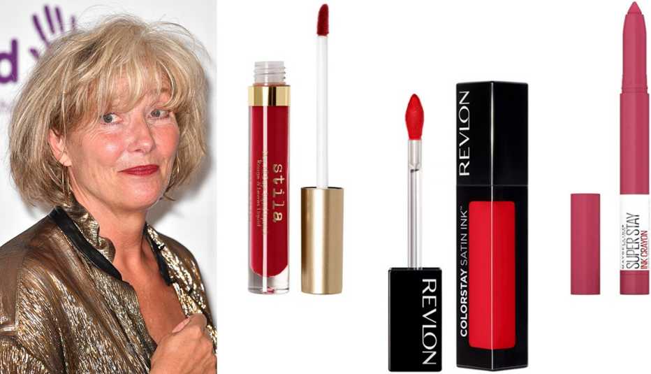 Emma Thompson; Stila Stay All Day Liquid Lipstick ﻿by Ulta Beauty in Fiery; Revlon ColorStay Satin Ink Liquid Lipstick in 015 Fire & Ice; Maybelline SuperStay Ink Crayon Lipstick in Run the World