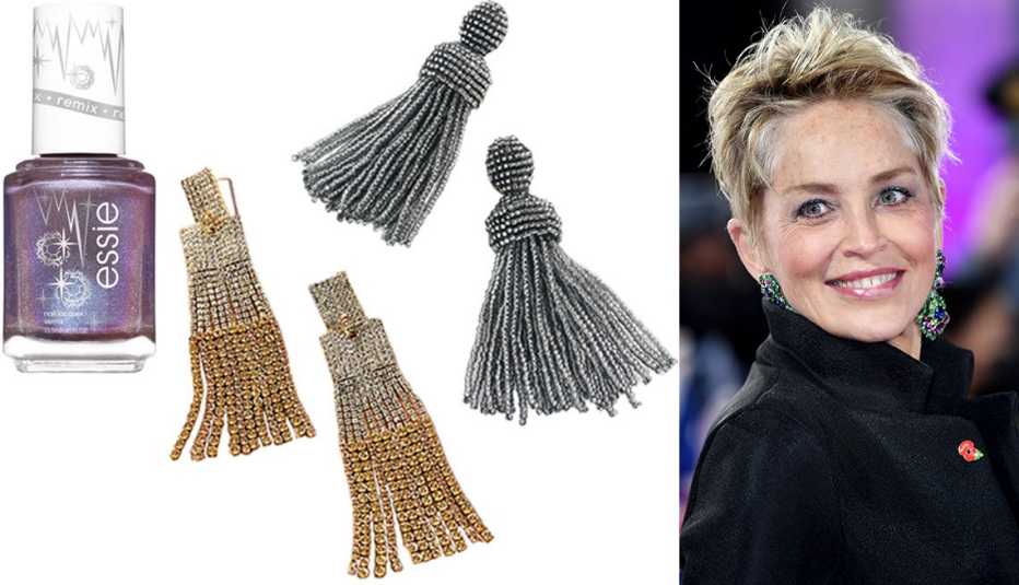Essie Metallics Nail Polish in Below Zero; Crystal Fringe Drop Earrings in Gold; BaubleBar Tassel Drop Earrings in Black; Sharon Stone