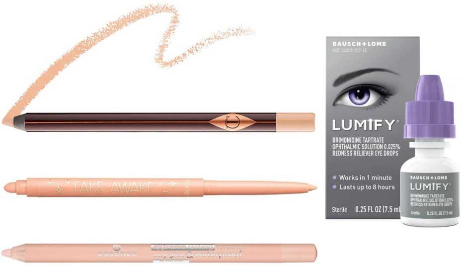 Charlotte Tilbury Rock ’N’ Kohl Eyeliner Pencil in Eye Cheat in Nude; Tarte Fake Awake Eyeliner ﻿by Ulta Beauty; Essence Extreme Lasting Eye Pencil in Silky Nude﻿; Lumify Eye Drops