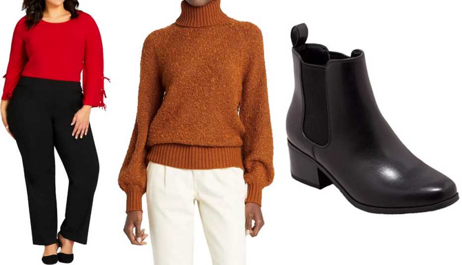 Avenue Plus Size Super Stretch Bootcut Average Pants in Black; Who What Wear Women’s Turtleneck Pullover in Brown; A New Day Women’s Ellie Chelsea Boots