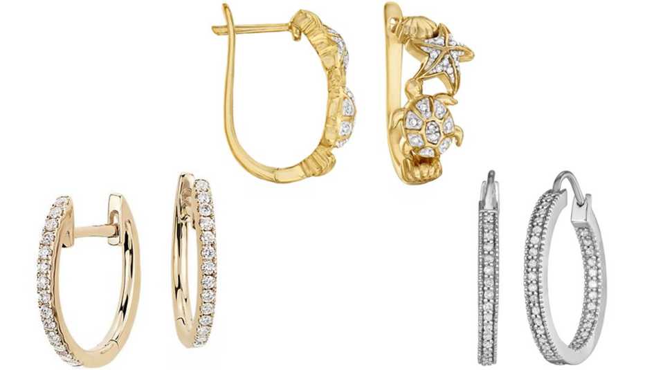 Blue Nile Petite Diamond Huggie Hoop Earrings in 14k Yellow Gold; Ross-Simons .10 Carat T.W. Diamond Sea Life Hoop Earrings; Unbranded 1/2 Carat T. W. Diamond Inside-Out Hoop Earrings