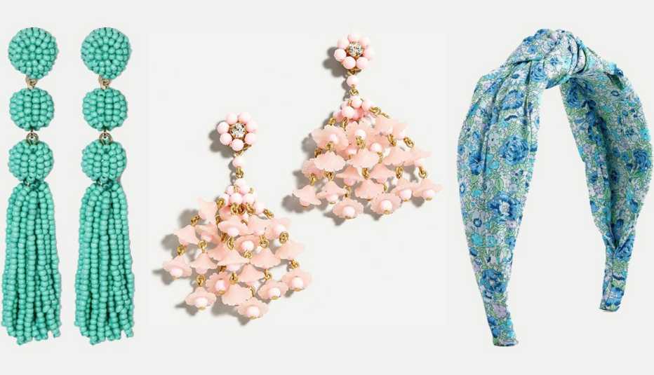 SugarFix by BaubleBar Beaded Ball Drop Tassel Earrings in turquoise; J.Crew Floating Flowers Tassel Earrings in frosty lilac; J.Crew Knot Hairband in Liberty Print in aqua lime multi