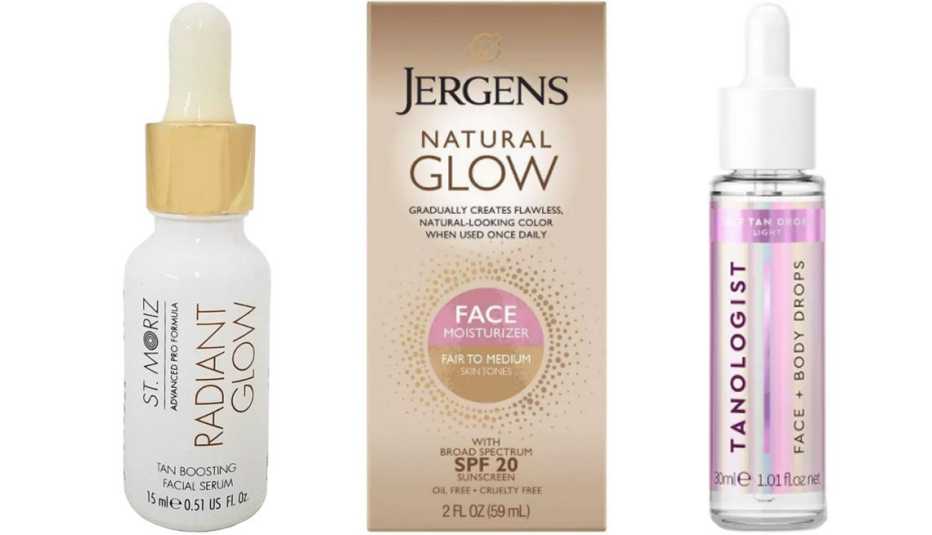 St. Moriz Tan Boosting Facial Serum Tanning Drops; Jergens Natural Glow Face Moisturizer in fair/medium SPF 20; Tanologist Drops Sunless Tanning Treatment