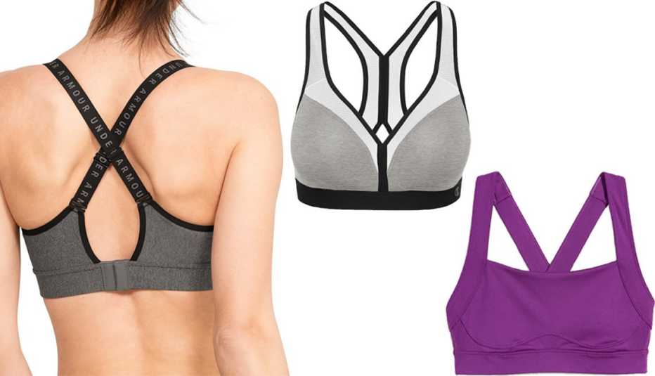Under Armour Women’s HeatGear U-Back Mid-Impact Sports Bra; Champion The Curvy Moderate Support Wireless Sports Bra B9373; Old Navy High Support Cross-Back Sports Bra for Women