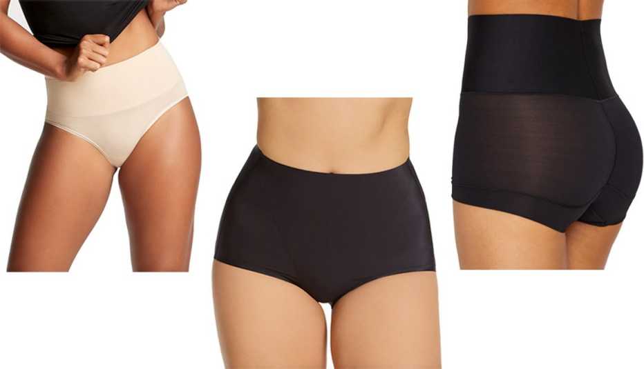 Yummie Ultralight Seamless Shaping Brief in frappe; Bali EasyLite Shaping Brief Panty 2-Pack DFS059 in black; Maidenform Tame Your Tummy Boyshort in black