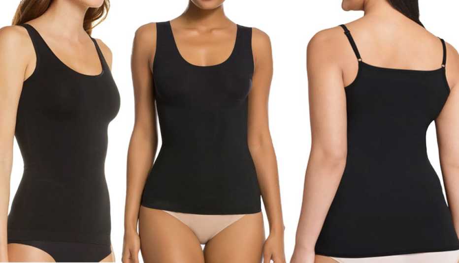 Yummie Shaping Tank in black; Spanx Thinstincts Tank in very black; Jockey TrueFit Promise Camisole in black