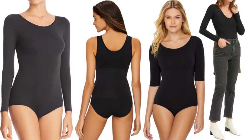 DKNY Opaque Long Sleeve Bodysuit in black; Spanx The Base Tank Bodysuit in black; Yummie Ballet-Back Medium Control Bodysuit; Everlane The Long-Sleeve V-Neck Bodysuit in Bikini Fit in black