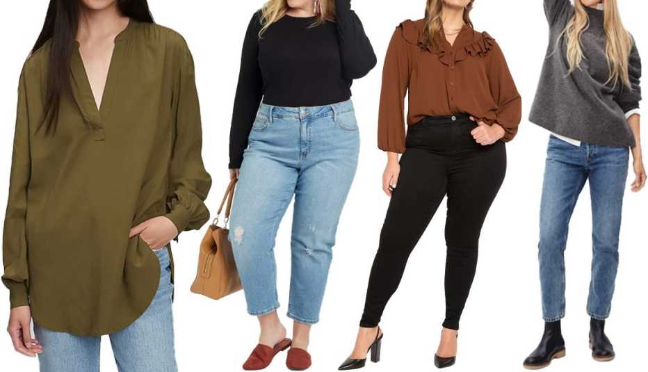Gap Popover Tunic Shirt in Olive Green; Ava & Viv Women’s Plus Size Long Sleeve Crewneck T-Shirt in Black; Eloquii Button Down Top With Ruffle in Chocolate; Everlane The Cozy-Stretch Pullover in Heathered Charcoal