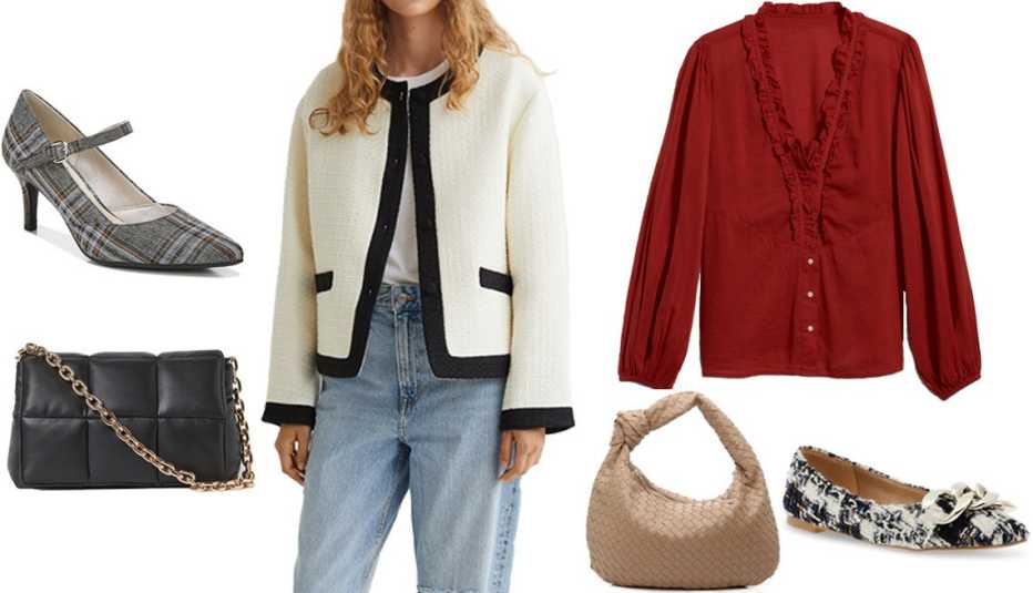 LifeStride Sandrine Mary Jane Pump in Navy Multi Plaid; H&M Quilted Shoulder Bag in Black; H&M Bouclé Jacket in White/Black; Old Navy Oversized Ruffled V-Neck Blouse for Women in Summer Sienna; Kelly & Katie Woven Hobo Bag; Steve Madden Forge Ballet Flat