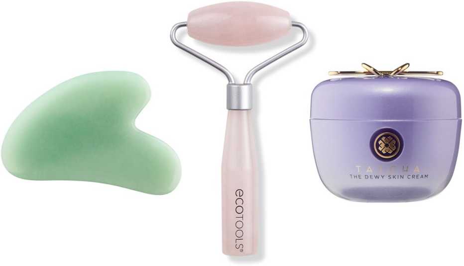 Mount Lai Gua Sha Facial Lifting Tool in Jade; EcoTools Mini Rose Quartz Roller; Tatcha The Dewy Skin Cream Hydrating &amp; Plumping Moisturizer