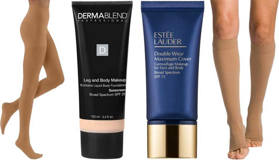 Jobst Ultra Sheer Women’s Pantyhose 15-20 mmHg Closed Toe; Dermablend Leg and Body Makeup Foundation with SPF 25; Estée Lauder Double Wear Maximum Coverage Camouflage Makeup Foundation for Face and Body SPF 15; Sigvaris Essential 863C Select Comfort Knee High 30-40 mmHg
