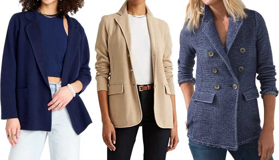 J.Crew Eloise Sweater-Blazer in Navy; Lauren Ralph Lauren Sweater Knit Blazer in Birch Tan; Chico’s Denim Coatigan Jacket in Dark Denim J.Crew Eloise Sweater-Blazer in Navy; Lauren Ralph Lauren Sweater Knit Blazer in Birch Tan; Chico’s Denim Coatigan Jacket in Dark Denim
