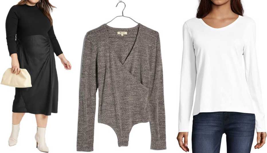 A New Day Women’s Plus Turtleneck Bodysuit in Black; Madewell Wrap Bodysuit in Hthr Smoke; Hanes Women’s Perfect-T Long Sleeve V-Neck T-Shirt in White