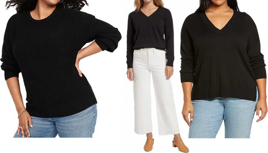 Old Navy Textured-Knit Tunic Sweater for Women in Black Jack; Quince Mongolian Cashmere V-Neck Sweater in Black; Treasure & Bond Plus Drop Shoulder V-Neck Sweater in Black Old Navy Textured-Knit Tunic Sweater for Women in Black Jack; Quince Mongolian Cashmere V-Neck Sweater in Black; Treasure & Bond Plus Drop Shoulder V-Neck Sweater in Black