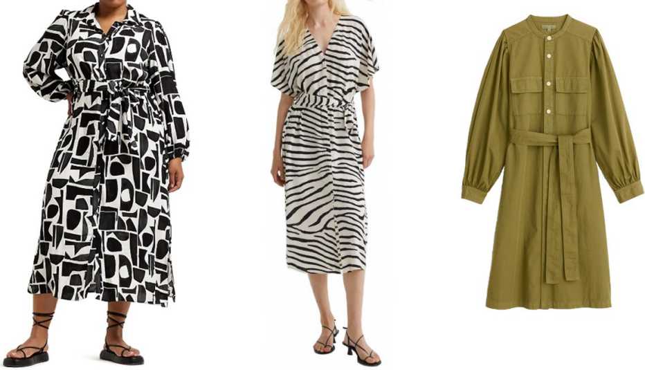 River Island Plus Tori Long Sleeve Shirtdress in Black; H&M Women’s Dress with Tie Belt in Cream/Zebra-Print; Alex Mill Jardin Shirt Dress in Bay Leaf