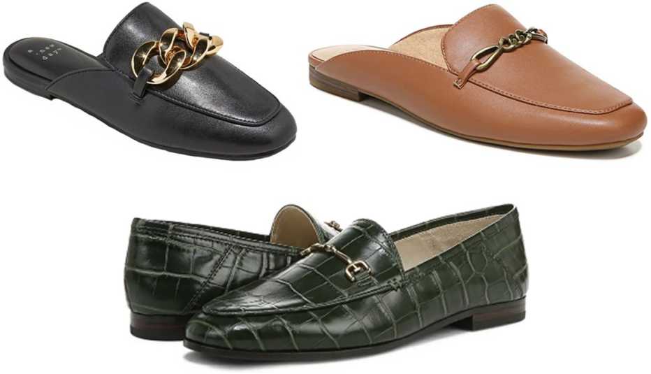 A New Day Women’s Kiki Mules in Black; Naturalizer Kayden Mule in Cognac; Sam Edelman Loraine Bit Loafer in Emerald