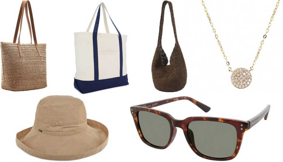 Mabrouc large woven-straw tote; Dalix heavy-duty-cotton canvas tote bag with zipper; J.Jill woven-straw bucket bag; Nadri small circle-pendant necklace; Privé Revaux Dean sunglasses;  Scala women’s comfy wide-brim cotton bucket hat