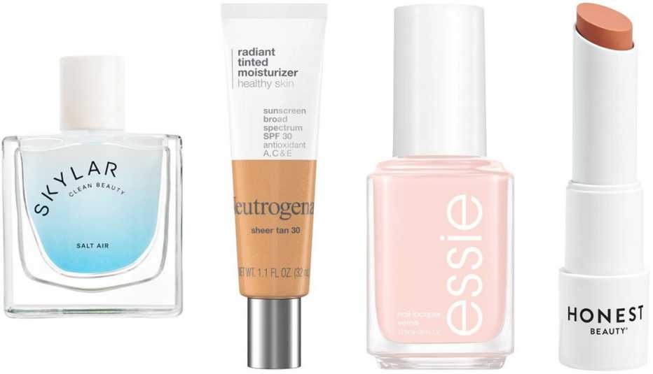 Skylar Salt Air eau de parfum; Neutrogena radiant tinted moisturizer SPF 30; Essie nail polish in Lighten the Mood; Honest Beauty tinted lip balm with avocado oil in Lychee Fruit