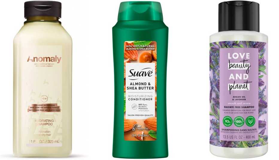 Anomaly Hydrating Shampoo; Suave Almond & Shea Butter Moisturizing Conditioner; Love Beauty and Planet Smooth & Serene Argan Oil & Lavender Shampoo Anomaly Hydrating Shampoo; Suave Almond & Shea Butter Moisturizing Conditioner; Love Beauty and Planet Smooth & Serene Argan Oil & Lavender Shampoo