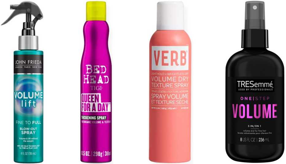 John Frieda Volume Lift Fine to Full Blow-Out Spray; Bed Head Queen For A Day Thickening Spray for Fine Hair; Verb Volume Dry Texture Spray; Tresemmé One Step Volume Mist for Fine Hair John Frieda Volume Lift Fine to Full Blow-Out Spray; Bed Head Queen For A Day Thickening Spray for Fine Hair; Verb Volume Dry Texture Spray; Tresemmé One Step Volume Mist for Fine Hair