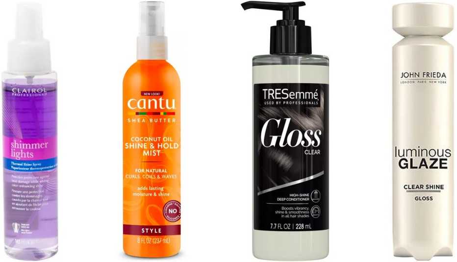 Clairol Professional Shimmer Lights Thermal Shine Spray; Cantu Coconut Oil Shine & Hold Mist; Tresemmé Gloss Color-Enhancing High-Shine Deep Conditioner; John Frieda Luminous Glaze Clear Shine Gloss