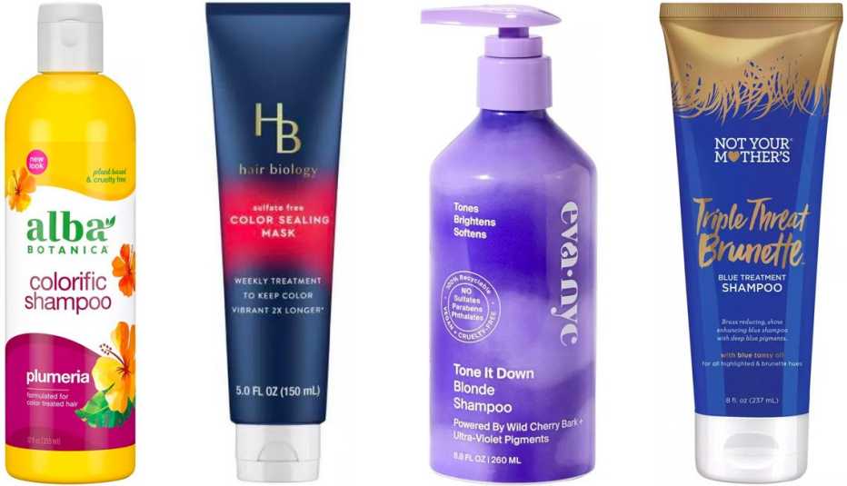 Alba Botanica Colorific Plumeria Shampoo; Hair Biology Sulfate-Free Color Sealing Mask; Eva NYC Tone It Down Blonde Shampoo; Not Your Mother’s Triple Threat Brunette Shampoo