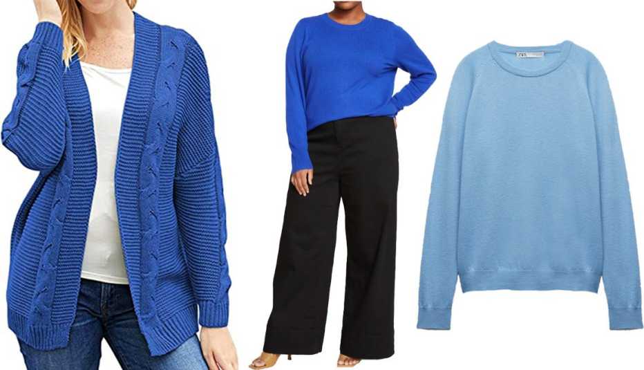 Astylish Women’s Open Front Chunky Knit Cardigan in E Royal Blue; Universal Standard Essential Cashmere Crew in Royal Blue; Zara Extra Soft 100 % Wool Sweater in Blue