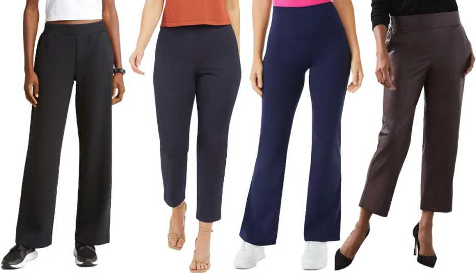 Zella Luxe Wide Leg Pocket Pants in Black; Spanx On The Go Ankle Slim Straight Pant in Classic Navy; Sofia Vergara Women’s High Waist Studio Fit and Flare Pant in Navy; Chico’s Faux Leather Crops in Cherry Brunette