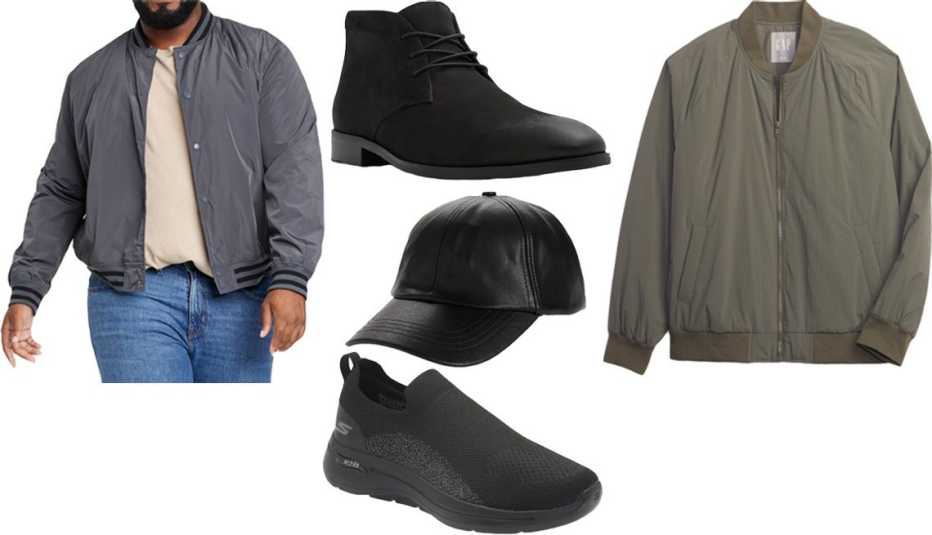 Goodfellow & Co Men’s Bomber Jacket in Gray; Aldo Faulkner Chukka Boot in Black; Open Edit Faux Leather Baseball Cap in Black; Skechers GOWalk Arch Fit Seltos Sneakers in Black; Gap Men Recycled Bomber Jacket in Black Moss
