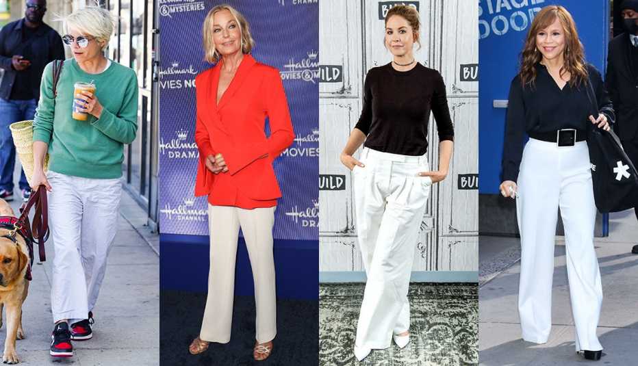 Side by side images of Selma Blair, Bo Derek, Jenna Elfman and Rosie Perez wearing white pants