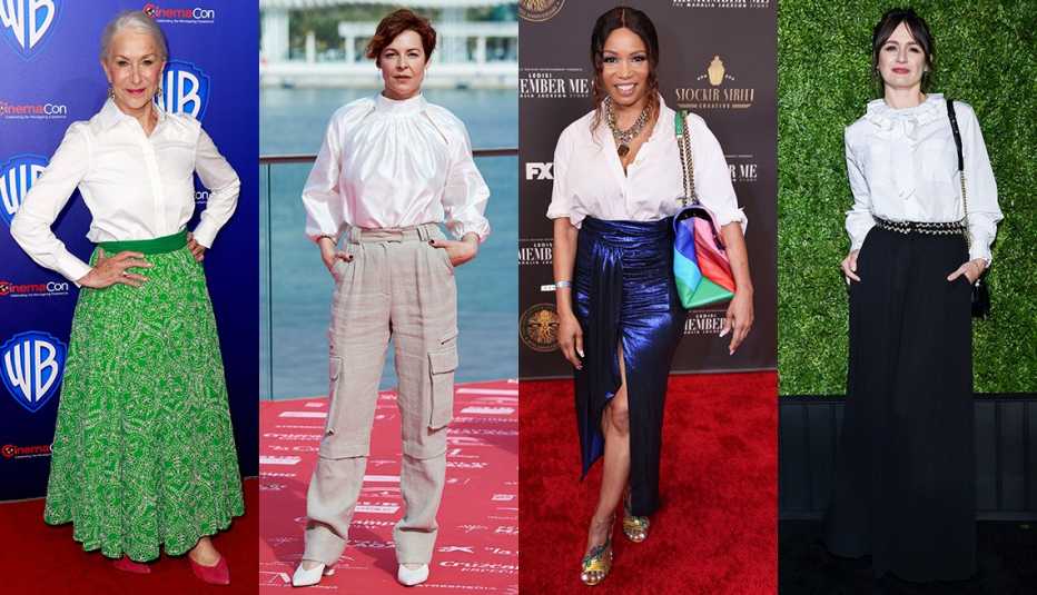 Side by side images of Helen Mirren, Elisabet Gelabert, Elise Neal and Emily Mortimer wearing a white shirt or blouse