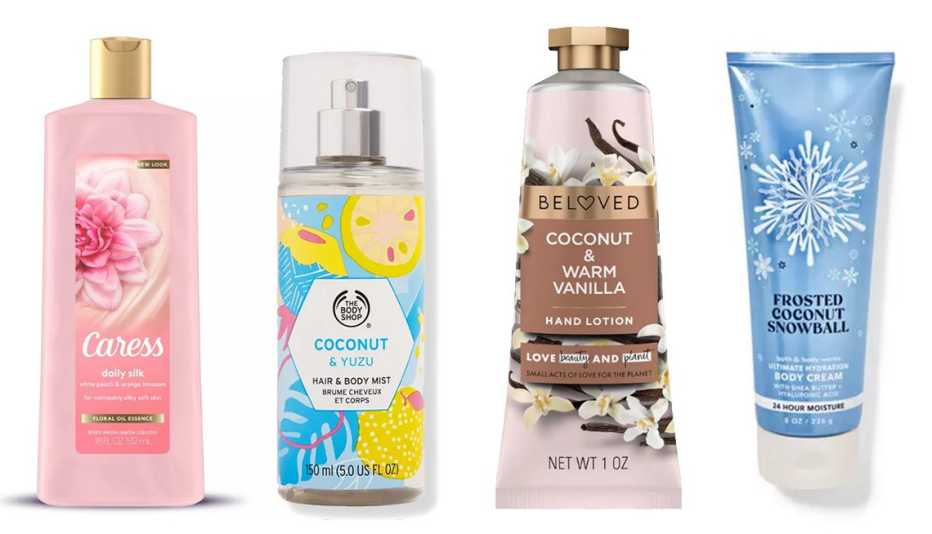 Caress Daily Silk White Peach & Orange Blossom Body Wash; The Body Shop Coconut & Yuzu Hair & Body Mist; Beloved Coconut & Warm Vanilla Hand Lotion; Bath & Body Works Frosted Coconut Snowball Ultimate Hydration Body Cream