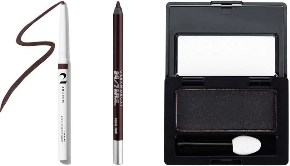 Morphe 2 Always Online Gel Eyeliner in Chocolate Cravin; Urban Decay 24/7 Glide-On Waterproof Eyeliner Pencil in Demolition; Maybelline Expert Wear Eyeshadow in Night Sky
