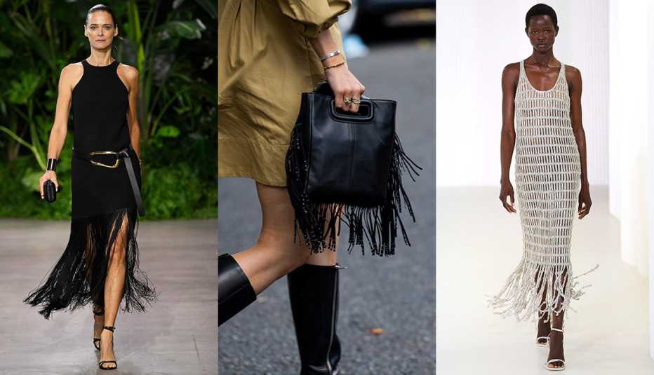 A model at the Michael Kors Spring 2023 fashion show; a woman carrying a bag with fringes; a model at the Jonathan Simkhai Spring 2023 fashion show