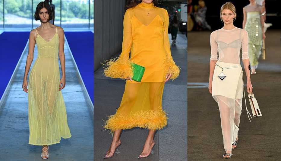 A model in a sheer yellow green dress at the Jason Wu Spring 2023 fashion show; a woman wearing a yellow dress in New York; a model wearing a sheer outfit at the Tory Burch Spring/Summer 2023 New York Fashion Week