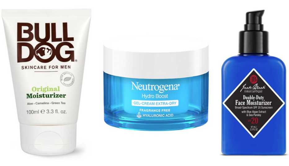 Bulldog Skincare for Men Original Moisturizer; Neutrogena Hydro Boost Gel-Cream Extra Dry; Jack Black Double-Duty Face Moisturizer SPF 20