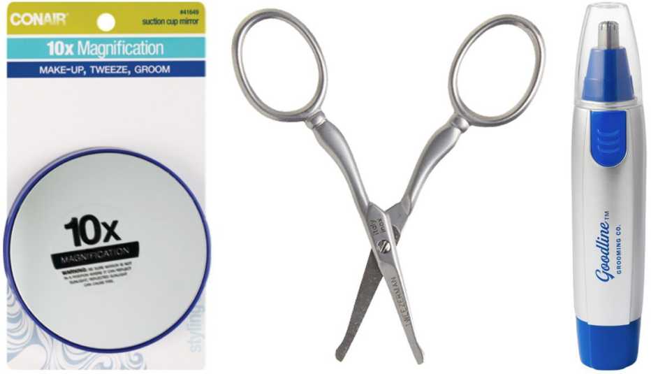 Conair Suction Cup Mirror Close Up Magnification; Tweezerman Nose Ear Facial Scissors; Goodline Grooming Co. Nose + Ear Hair Trimmer