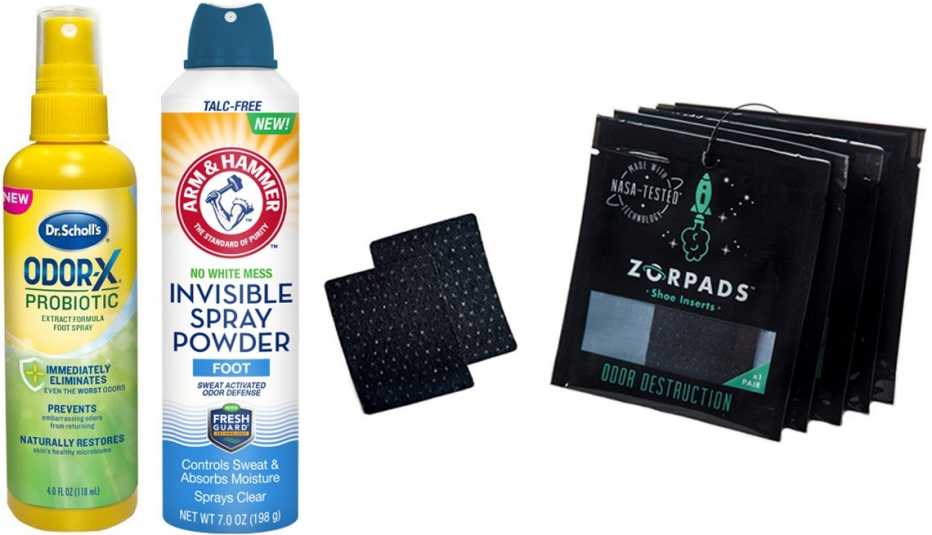 Dr. Scholl’s Odor-X Probiotic Extract Formula Foot Spray; Arm & Hammer Invisible Spray Foot Powder; Zorpads Odor Eliminating Shoe Inserts