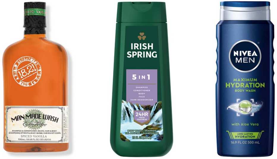18.21 Man Made Spiced Vanilla Shampoo, Conditioner and Body Wash; Irish Spring 5 in 1 Men’s Body Wash for Hair, Face and Body; Nivea Men Maximum Hydration Aloe Vera 3-in-1 Body Wash