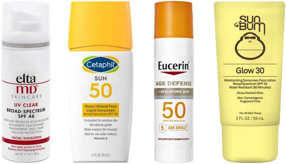 Elta MD UV Clear Broad-Spectrum Cream SPF 46; Cetaphil Sheer Mineral Face Liquid Drops SPF 50; Eucerin Age Defense Face Sunscreen Lotion SPF 50; Sun Bum Glow Sunscreen Lotion SPF 30
